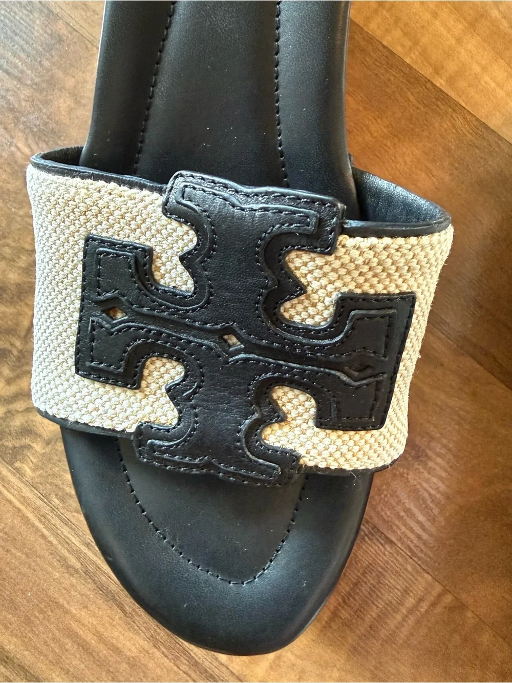Tory Burch Ines Wedge Slide Sandals - Black & Natural, Size 7.5